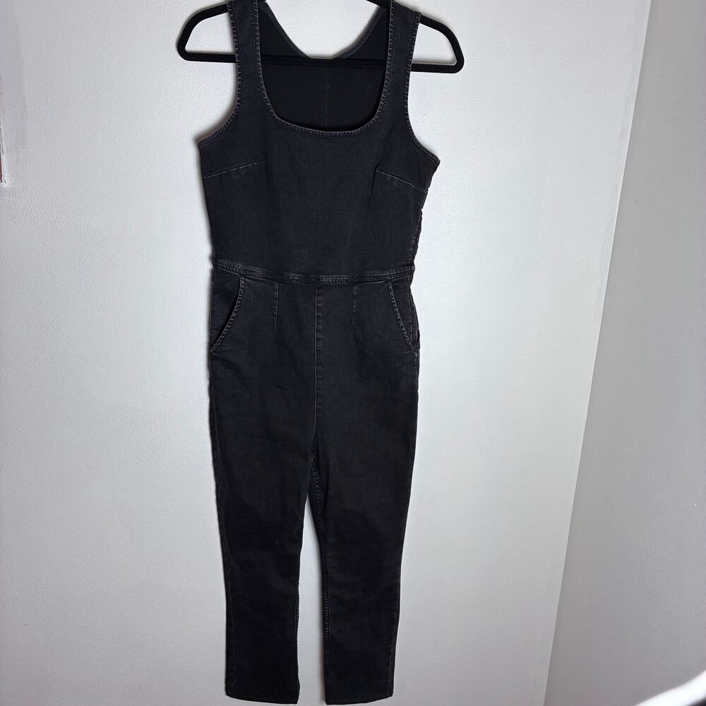 Free People Black Denim Jumpsuit Size 8 Stretch Side Zip Square Neck Overall